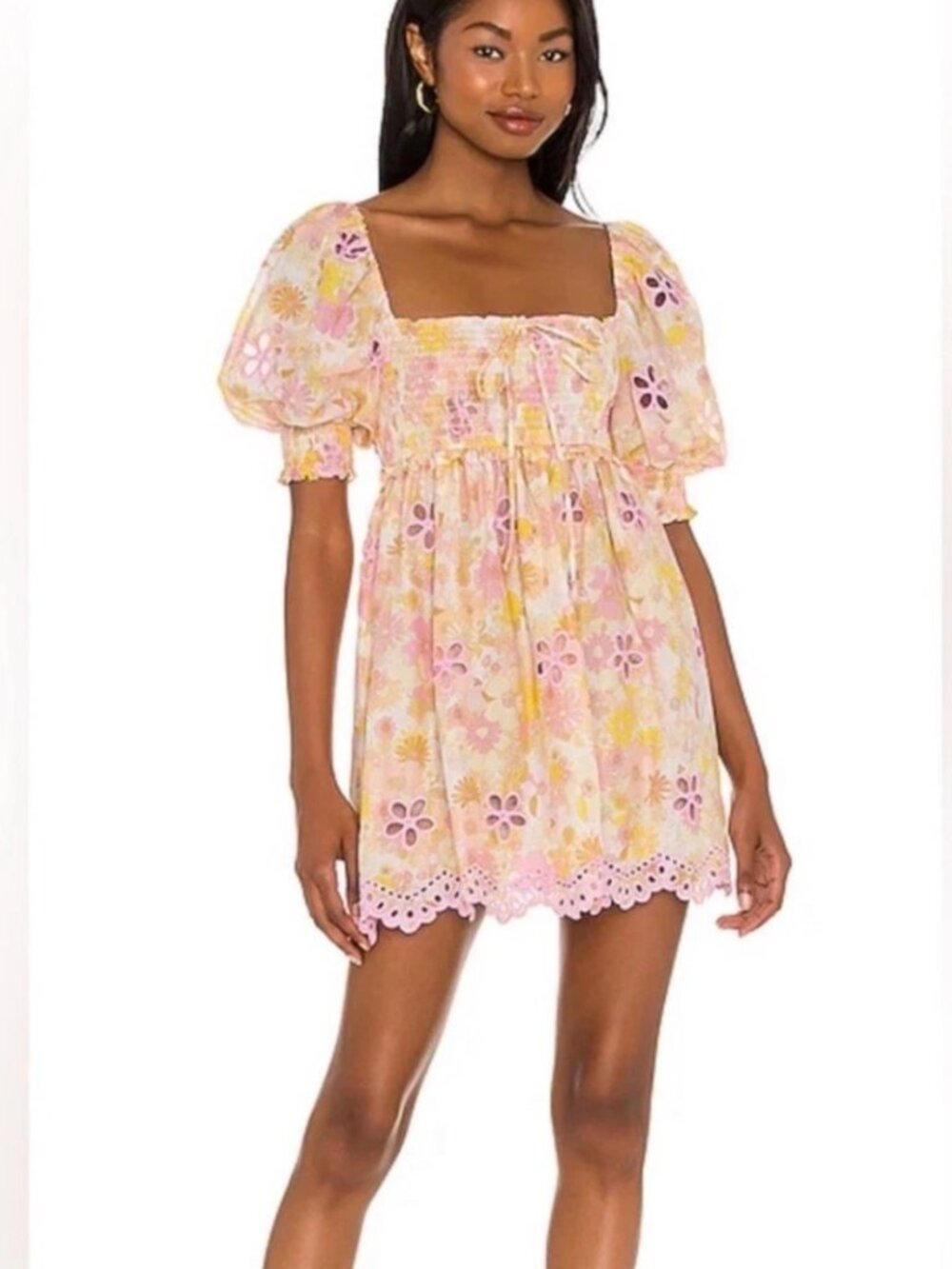 For Love & Lemons Claire Mini Dress Floral Eyelet Puff Sleeve Yellow Pink Small